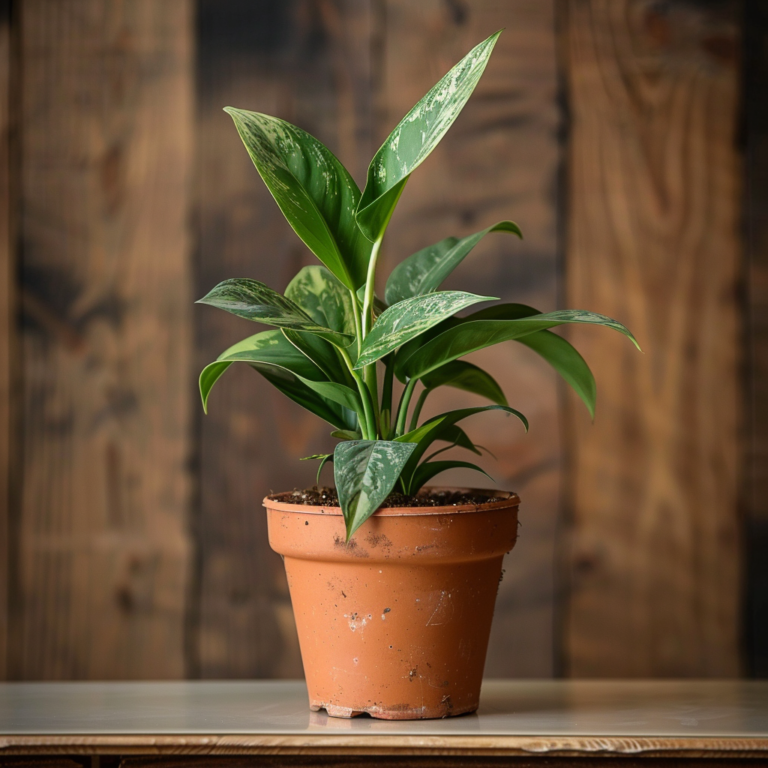 Agalaonema commutatum sur une table avec un fond en bois