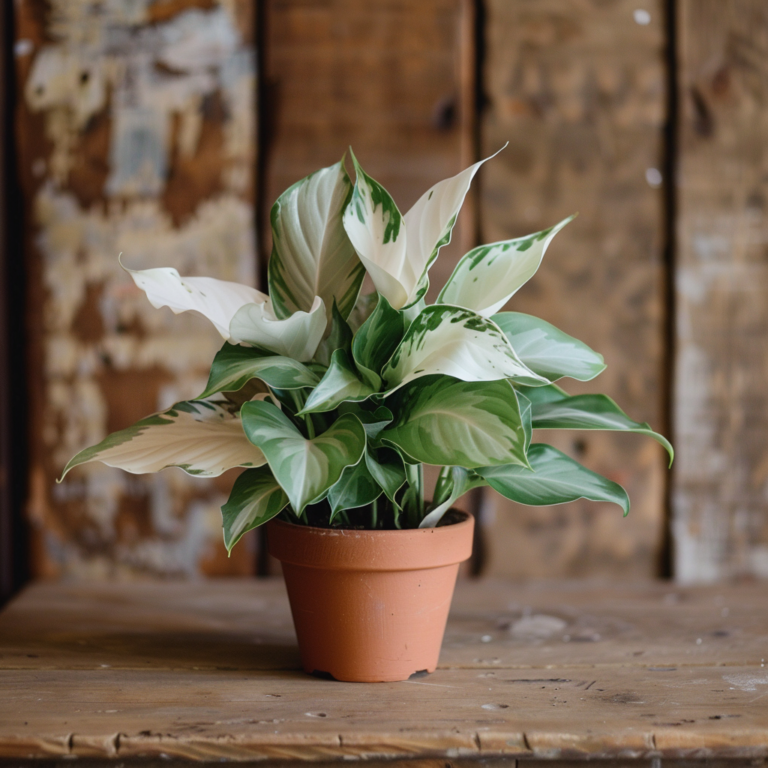 Aglaonema white joy entretien avec un fond en bois