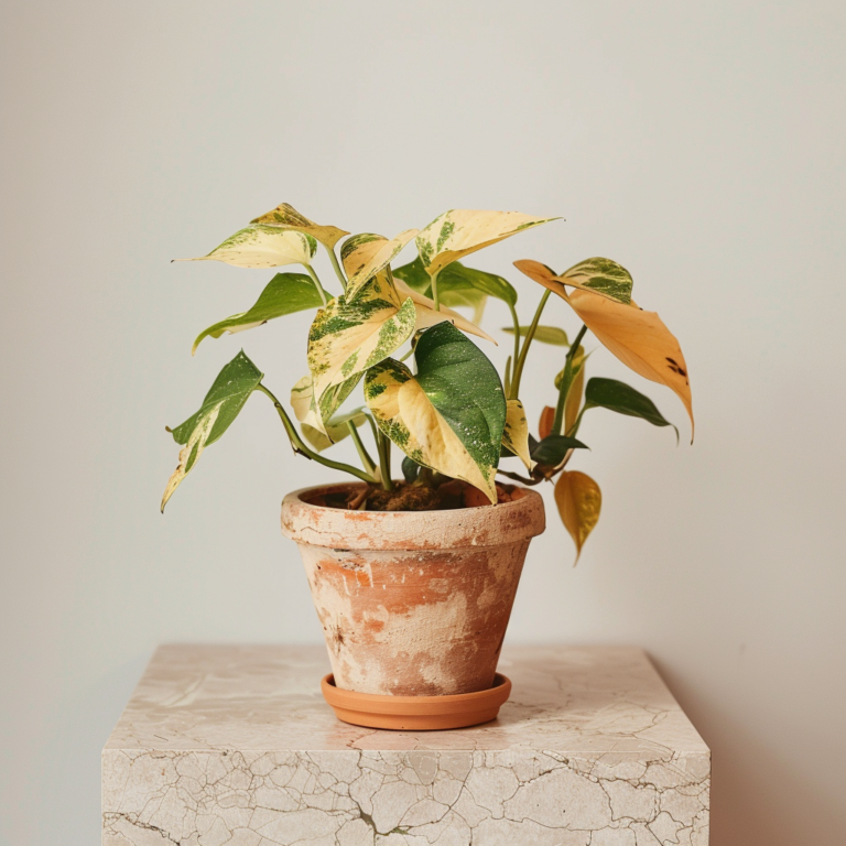 L'entretien d'un pothos hawaiian dans un pot marron sur une table en pierre